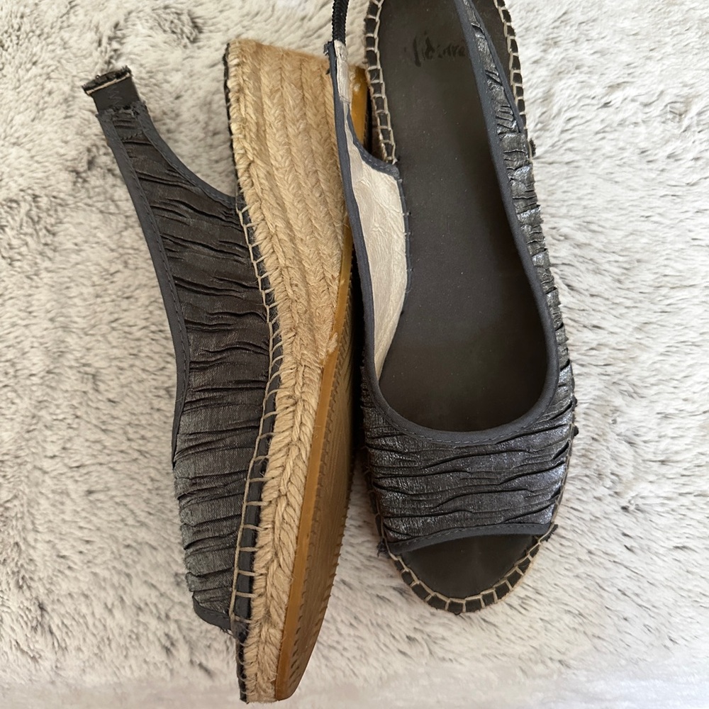 Pretty slate grey Espadrilles with a 2 inch wedge. Size 10 and stretch slingback